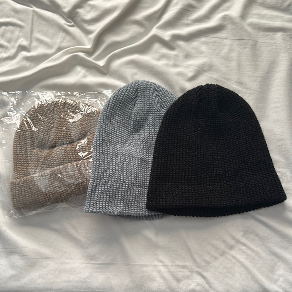 Cozy Knit Beanie Set - Black, Gray, and Tan